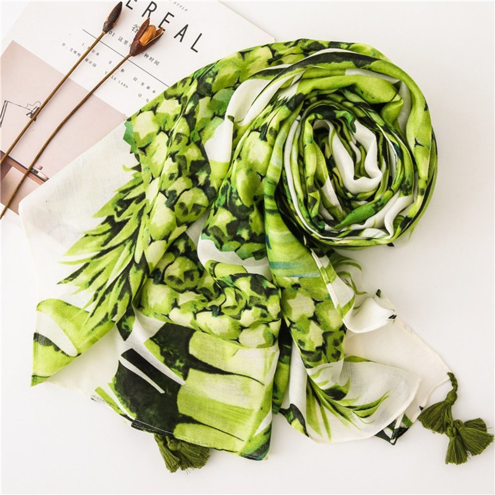 Green Tropical Print Wrap Scarf with Tassels